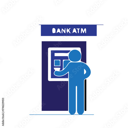 Stylized graphic illustrating an individual interacting with an automated teller machine, symbolizing modern financial access and self-service banking operations