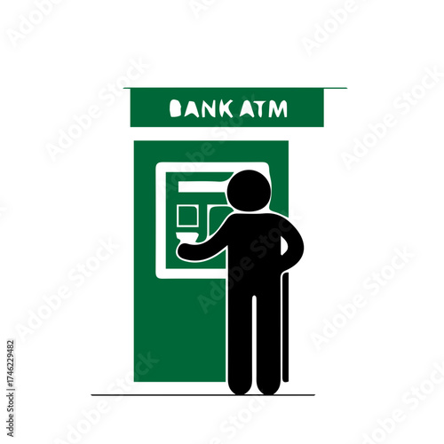 Stick figure using a bank ATM for cash withdrawal or deposit, a concept of personal finance and self-service banking
