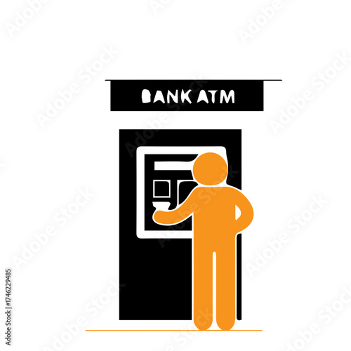 Simple vector graphic depicting an individual engaging with an automated teller machine for convenient financial transactions, emphasizing modern banking access and essential services