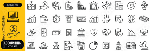 Accounting set of web icons in line style. Accounting and audit icons for web and mobile app. Containing finance report and audit, invoice, tax return, accounting, auditing, inspection and more