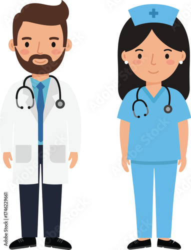 Diverse medical professionals cartoon doctor and nurse ready to provide healthcare services isolated on transparent background