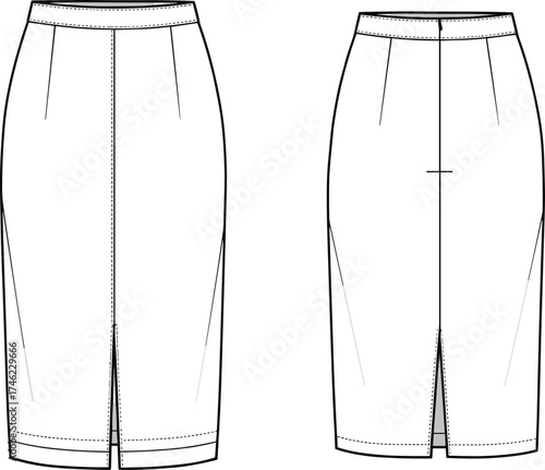 Pencil skirt technical sketch, front and back view, fashion design template, garment construction, CAD drawing flat vector illustration