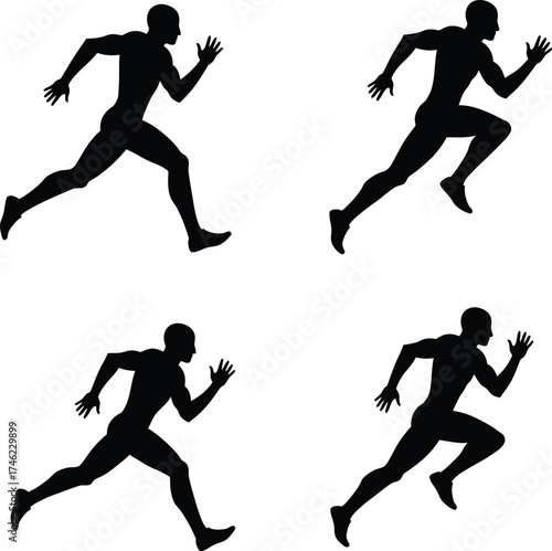 Dynamic silhouette runner poses action sports athletic speed fast motion capture figures isolated on transparent background