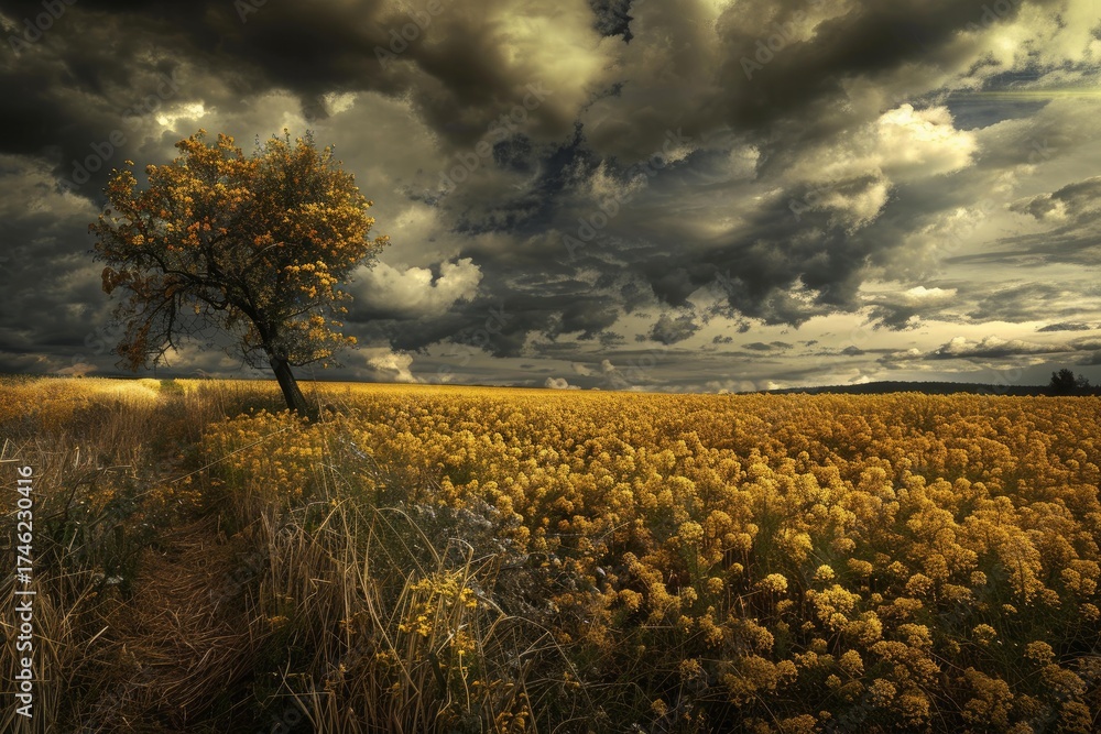 Fototapeta premium Scenic view of a yellow rapeseed field with a lone tree against a dramatic cloudy sky
