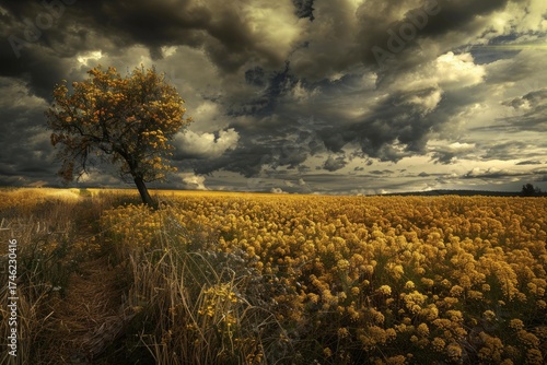 Scenic view of a yellow rapeseed field with a lone tree against a dramatic cloudy sky