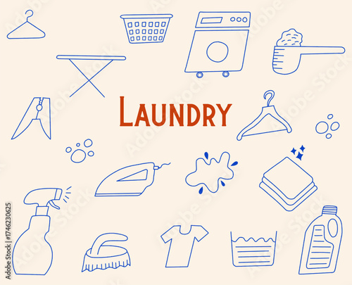 Laundry Themed Doodle Set, Hand Drawn Laundry Items Vector Illustration Isolated on Background, Elements for Washing Drying and Ironing Clothes