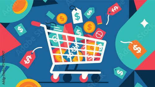 Illustration Of Shopping Cart Icon Overflowing With Digital Currency And Product Tags Vector Design Template