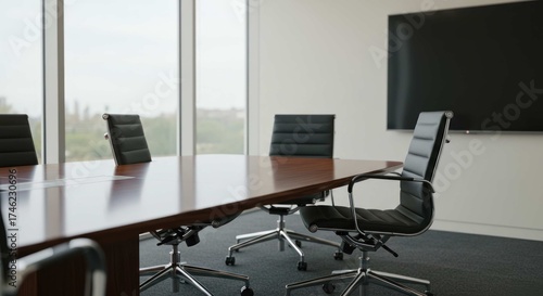 An empty conference room with a long table chairs and a large window.