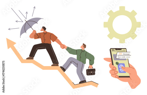 Two professionals ascend an arrow graph, one shielding with an umbrella while helping the other. A smartphone displays security codes. Ideal for growth, teamwork, leadership, resilience