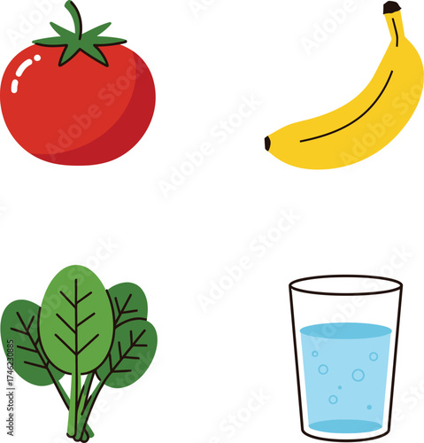 Fresh tomato banana spinach and water icons representing healthy food and hydration options isolated on transparent background