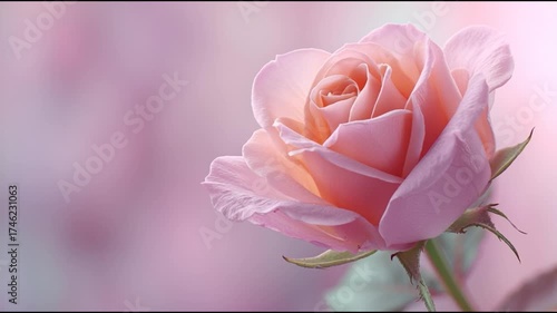 A close-up of a delicate pink rose blossom against a soft, blurred pink background, emphasizing its petals and natural beauty.