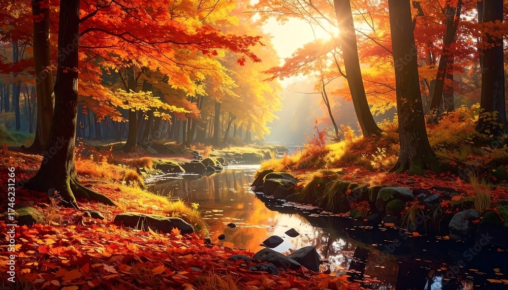 Fototapeta premium Golden Autumn Forest Stream with Sunlight Rays