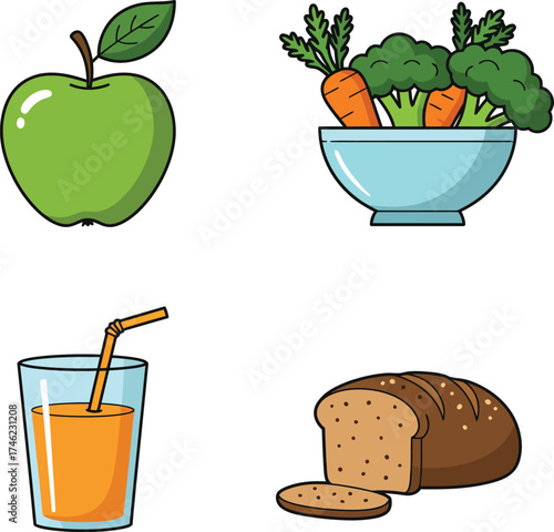 Fresh apple orange juice vegetables and whole grain bread icons representing healthy food choices isolated on transparent background