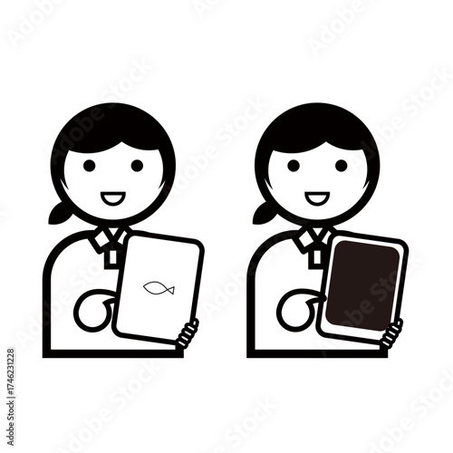 A woman explaining using a tablet