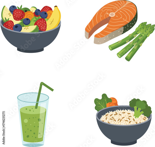 Healthy meal components featuring fresh fruit salad salmon asparagus green smoothie and rice bowl isolated on transparent background