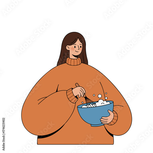 Woman cheerfully mixing ingredients for delicious homemade baked treats