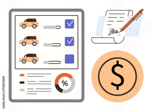 Comparison chart of cars with ratings, contract with pen signing agreement, and dollar finance icon. Ideal for car buying, leasing, finance, agreements, cost analysis e-commerce and decisions. A