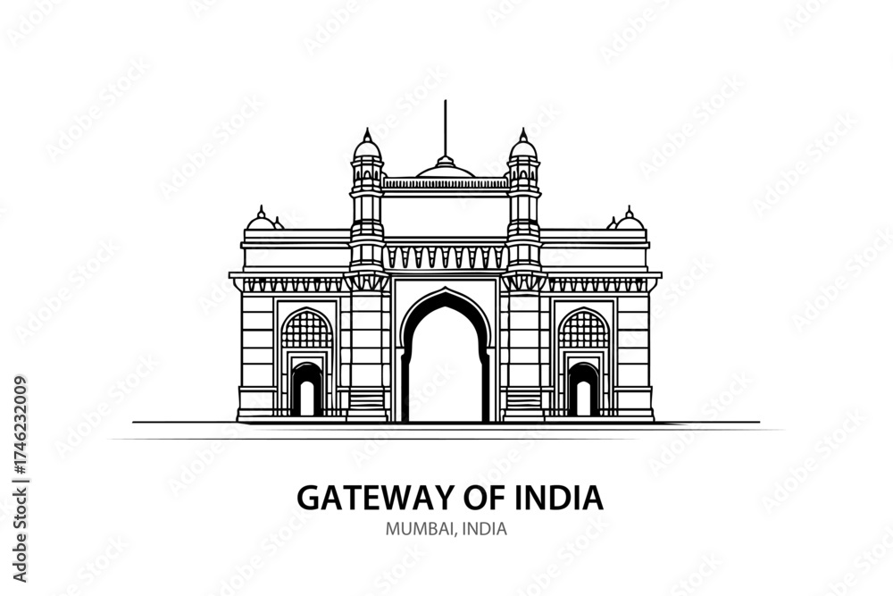 Fototapeta premium Gateway of India Mumbai Line Art – Iconic Indian Monument Vector Illustration