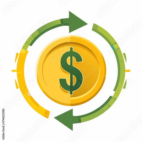 Dollar coin with rotating arrows symbolizing financial transactions and investments