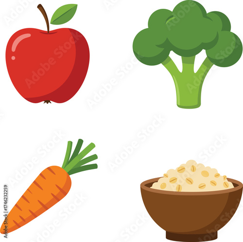 Healthy food icons featuring apple broccoli carrot and rice bowl for nutrition and diet themes isolated on transparent background
