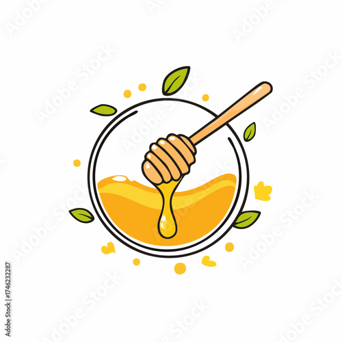 Honey dripping from dipper into bowl, with leafy decoration, in minimalist style