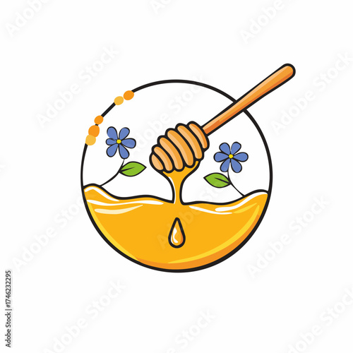 Elegant honey dipper illustration with flowers in a circular frame design