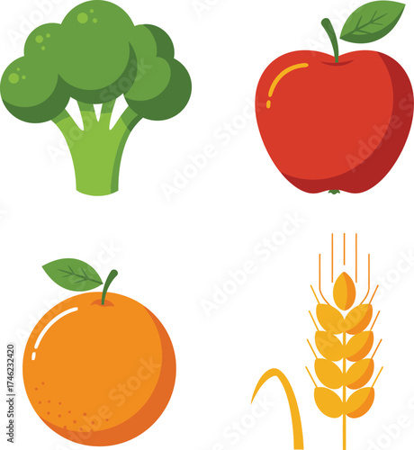 Fresh fruits vegetables and grains for healthy eating and nutrition food icons isolated on transparent background