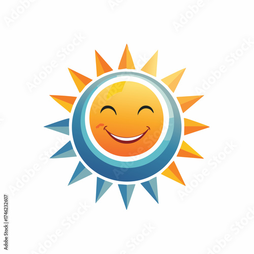 Cheerful sunny icon with smiling face bright rays and vibrant color gradients