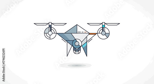 Geometric drone illustration with camera and propellers.