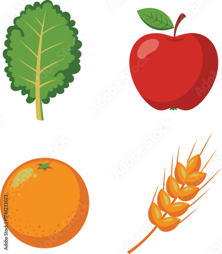 Four fresh food icons kale leaf apple orange wheat ear healthy diet nutrition isolated on transparent background