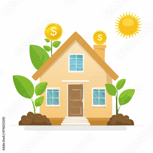 Growing wealth concept with house vector illustration representing financial growth