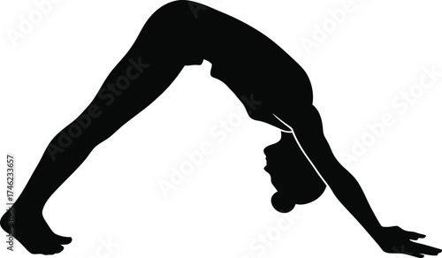 Silhouette of a woman performing downward facing dog yoga pose for fitness and wellness isolated on transparent background