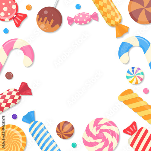 Colorful Candy Background Frame.  Kids Birthday Festive Border Template.