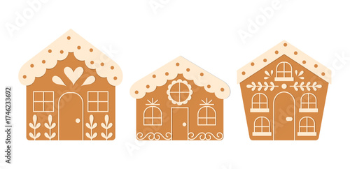 Gingerbread Houses Set. Winter Ginger Bread Cookies. Festive Bakery Collection. 