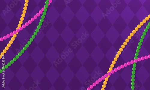 Mardi Gras Beads Background. Festive Horizontal Rectangle Frame with Space for Text. 