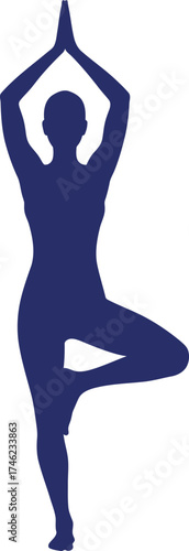 Serene yoga tree pose silhouette for balance and mindfulness blue toned figure isolated on transparent background