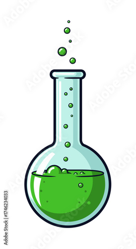 Green liquid bubbling in a round bottom laboratory flask.