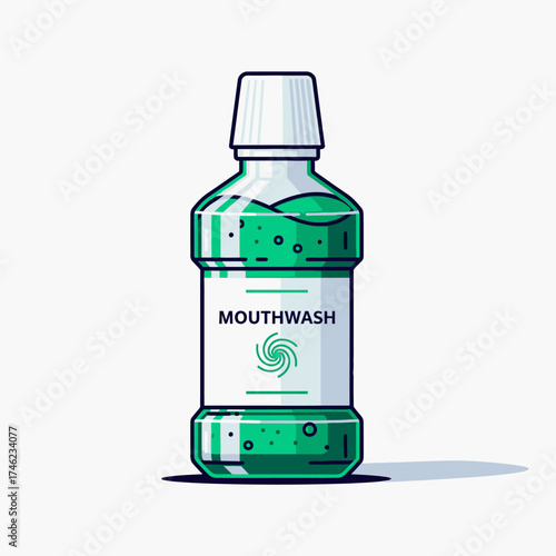 Green Mouthwash Bottle with Swirl Logo.