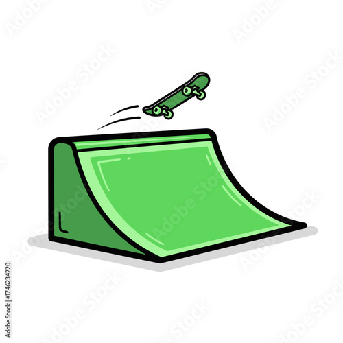 A Vibrant Green Skate Ramp Illustration Featuring a Small Skateboard Performing an Aerial Trick in a Minimalist Graphic Style