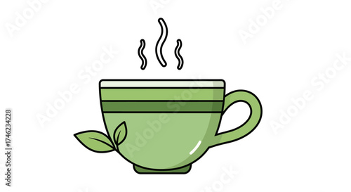 Green Tea Cup with Steam and Leaves.