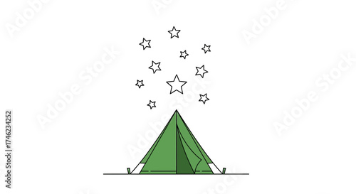 Green Camping Tent Icon with Twinkling Stars for Outdoor Adventure and Nighttime Wilderness Travel Concepts