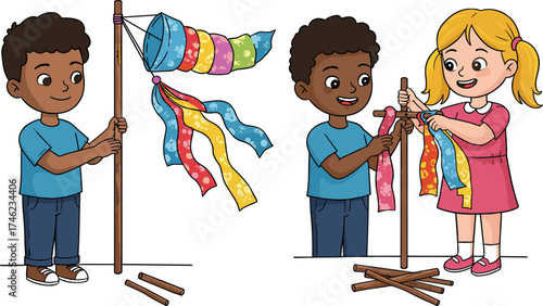 Children assembling colorful windsock, teamwork craft activity, ribbon streamers, DIY classroom project, cartoon illustration, creative learning, outdoor decoration, pole setup