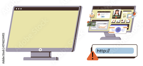 Blank computer screen, detailed website on monitor with charts, profile, icons, and a red alert icon near a URL box. Ideal for technology, web design, IT issues warnings internet UXUI. Represents