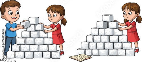Children building block pyramid, teamwork and solo effort, educational activity, classroom project, white blocks, cartoon illustration, learning through play, focus