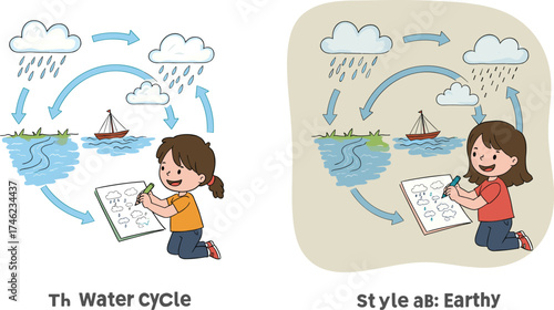 Child drawing water cycle, educational science illustration, precipitation and evaporation, cartoon and earthy style, classroom learning, climate concept, school activity