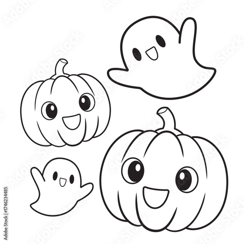 Cute Halloween Pumpkins and Ghosts Vector Illustration