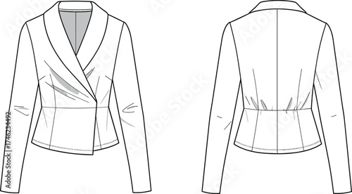 Tailored women's jacket technical fashion sketch, shawl collar wrap design, front and back view, cad drawing flat vector illustration