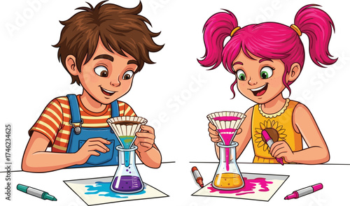 Children doing colorful science experiment, pouring liquids, filter paper activity, STEM learning, preschool kids, chemistry fun, curiosity, teamwork, education