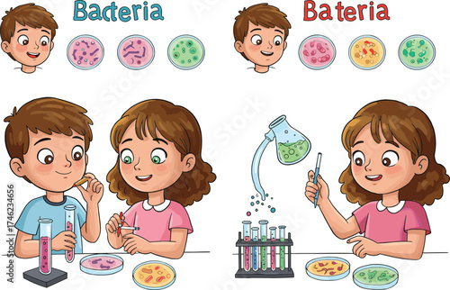 Children experimenting with bacteria, petri dish observation, science lab activity, microbiology education, cartoon illustration, hands-on learning, classroom project, colorful setup