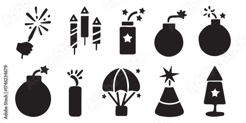 Festive vector icons collection: Bright fireworks and firecrackers illustrationsFestive vector icons collection: Bright fireworks and firecrackers illustrations